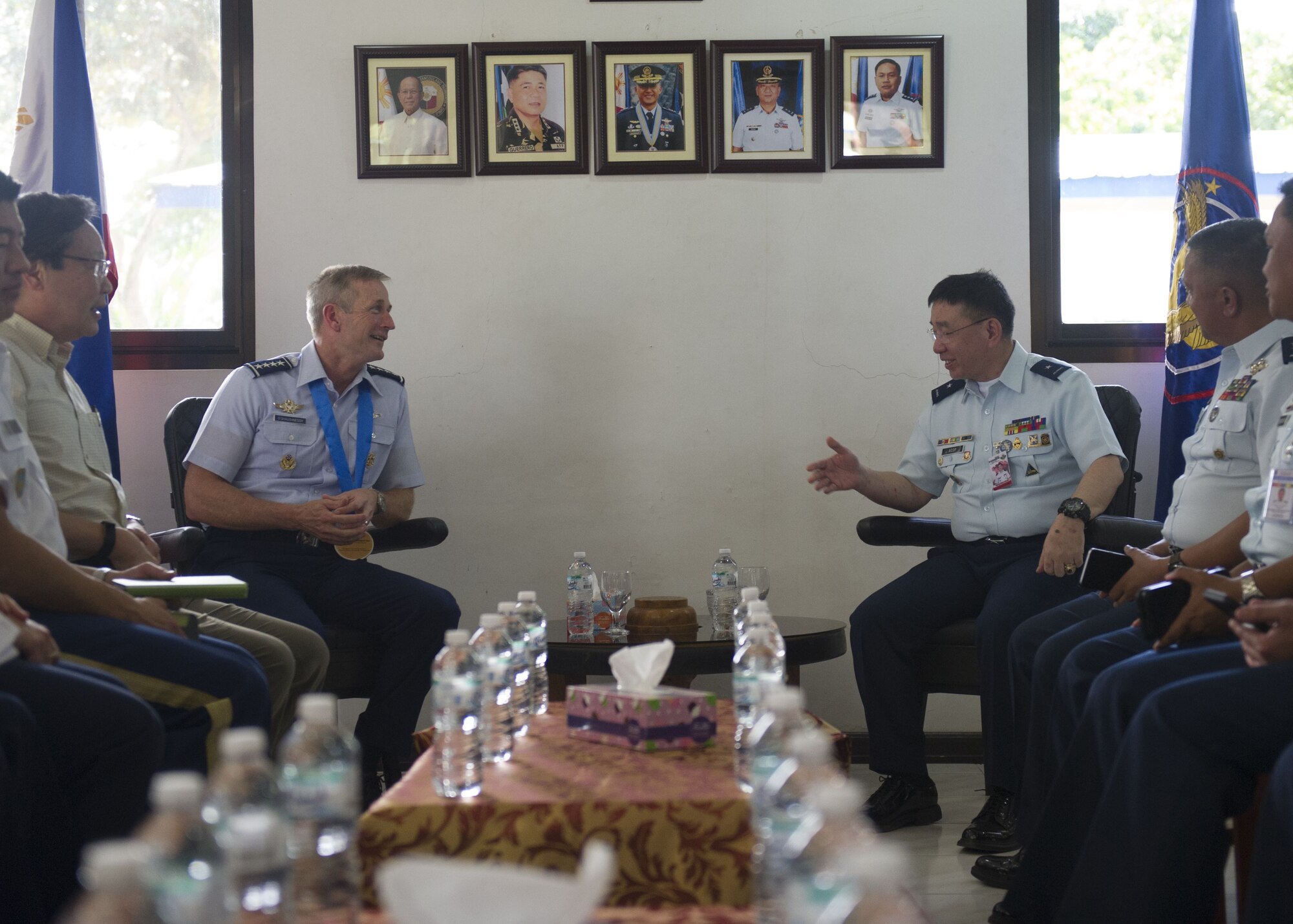 General Terrence J. O’Shaughnessy, Pacific Air Forces Commander, speaks with Philippine Air Force leadership on the current Enhanced Defense Cooperation Agreement during a visit to Basa Ari Base, Philippines Dec. 12.