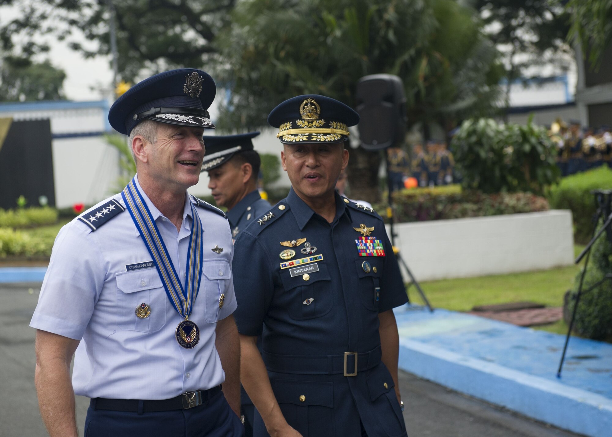 Gen. Terrence J. O’Shaughnessy, Pacific Air Forces commander, and Lt. General Galileo Gerard Kintanar, Philippine Air Force commanding general, speak following a wreath laying ceremony at the Philippine Air Force Headquarters, Manila, Philippines, Dec. 11.
