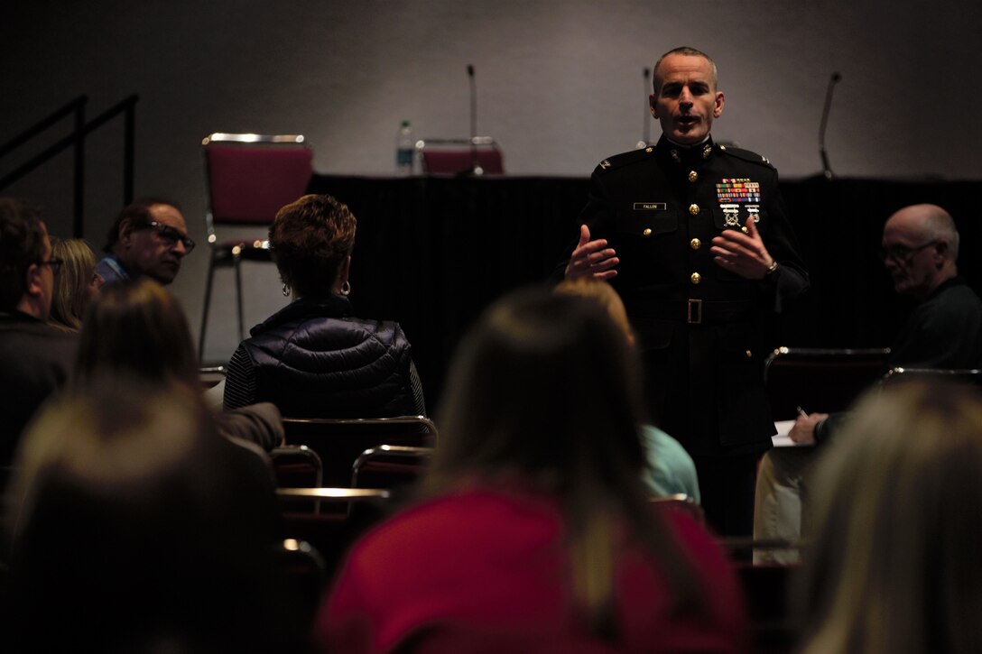 KANSAS CITY, Missouri - Marine Col. David Fallon, commanding officer of the 9th Marine Corps Recruiting District, leads a leadership talk during the 2017 American Volleyball Coaches Association (AVCA) convention here, Dec. 13-17, 2017. During the convention, Marines presented the 2017 United States Marine Corps / AVCA Coach of the Year awards, held a physical training session pushing participants to better themselves as influencers and mentors, and hosted a Marine Corps leadership talk to share 242 years of battle-hardened institutional knowledge. (U.S. Marine Corps photo by Sgt. Nathan Wicks)