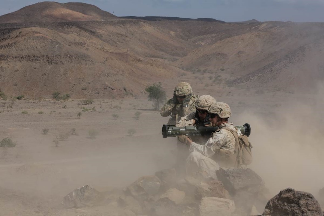 171217-M-QL632-315 DJIBOUTI (Dec. 17, 2017) - U.S. Marines with the 15th Marine Expeditionary Unit take aim at a target during Alligator Dagger. Alligator Dagger, led by Naval Amphibious Force, Task Force 51/5th Marine Expeditionary Expedition Brigade, is a dedicated, bilateral combat rehearsal that combines U.S. and French forces to practice, rehearse and exercise integrated capabilities available to U.S. Central Command both afloat and ashore. (U.S. Marine Corps photo by Staff Sgt. Vitaliy Rusavskiy)