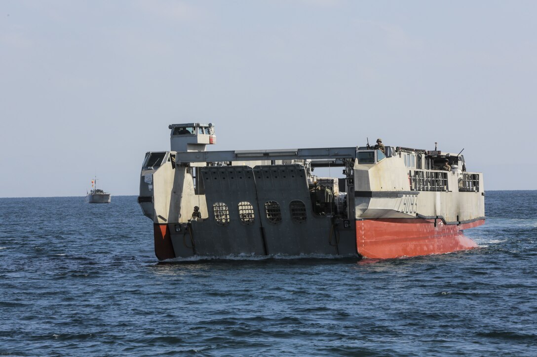 171214-M-QL632-083 DJIBOUTI, Djibouti (Dec. 14, 2017) – A French roll-on/roll-off catamaran landing craft transfers U.S. Marines and Sailors with Naval Amphibious Forces, Task Force 51/5th Marine Expeditionary Brigade and the 15th Marine Expeditionary Unit during Alligator Dagger. Alligator Dagger, led by Naval Amphibious Force, Task Force 51/5th Marine Expeditionary Expedition Brigade, is a dedicated, bilateral combat rehearsal that combines U.S. and French forces to practice, rehearse and exercise integrated capabilities available to U.S. Central Command both afloat and ashore. (U.S. Marine Corps photo by Staff Sgt. Vitaliy Rusavskiy/Released)