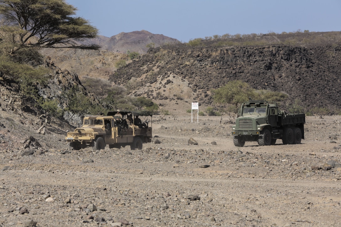 171214-M-QL632-036 DJIBOUTI, Djibouti (Dec. 14, 2017) – U.S. Marines and French military forces convoy through a training range during Alligator Dagger, a bilateral combat rehearsal. Alligator Dagger, led by Naval Amphibious Force, Task Force 51/5th Marine Expeditionary Expedition Brigade, is a dedicated, bilateral combat rehearsal that combines U.S. and French forces to practice, rehearse and exercise integrated capabilities available to U.S. Central Command both afloat and ashore. (U.S. Marine Corps photo by Staff Sgt. Vitaliy Rusavskiy/Released)