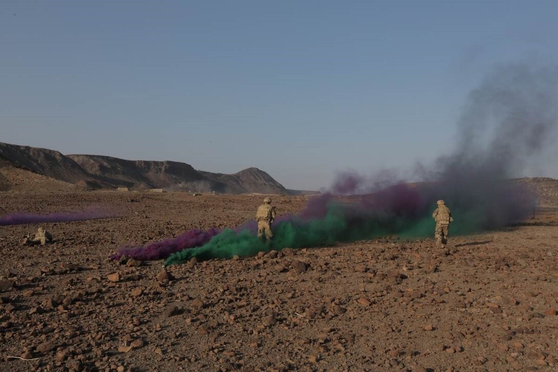 DJIBOUTI (Dec. 17, 2017) – U.S. Army Soldiers assigned to 3rd Battalion, 144th Infantry Regiment, Task Force Bayonet attached to the Combined Joint Task Force – Horn of Africa, maneuver through simulated smoke to engage targets during Alligator Dagger. Alligator Dagger, led by Naval Amphibious Force, Task Force 51/5th Marine Expeditionary Expedition Brigade, is a dedicated, bilateral combat rehearsal that combines U.S. and French forces to practice, rehearse and exercise integrated capabilities available to U.S. Central Command both afloat and ashore.