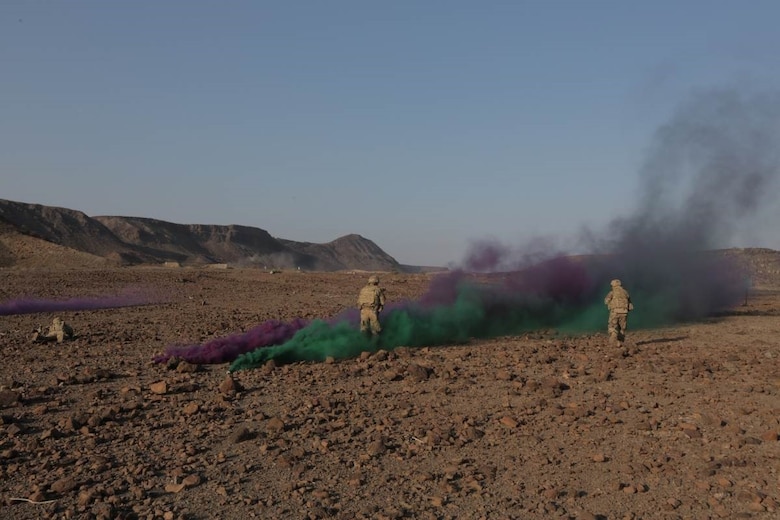 DJIBOUTI (Dec. 17, 2017) – U.S. Army Soldiers assigned to 3rd Battalion, 144th Infantry Regiment, Task Force Bayonet attached to the Combined Joint Task Force – Horn of Africa, maneuver through simulated smoke to engage targets during Alligator Dagger. Alligator Dagger, led by Naval Amphibious Force, Task Force 51/5th Marine Expeditionary Expedition Brigade, is a dedicated, bilateral combat rehearsal that combines U.S. and French forces to practice, rehearse and exercise integrated capabilities available to U.S. Central Command both afloat and ashore.
