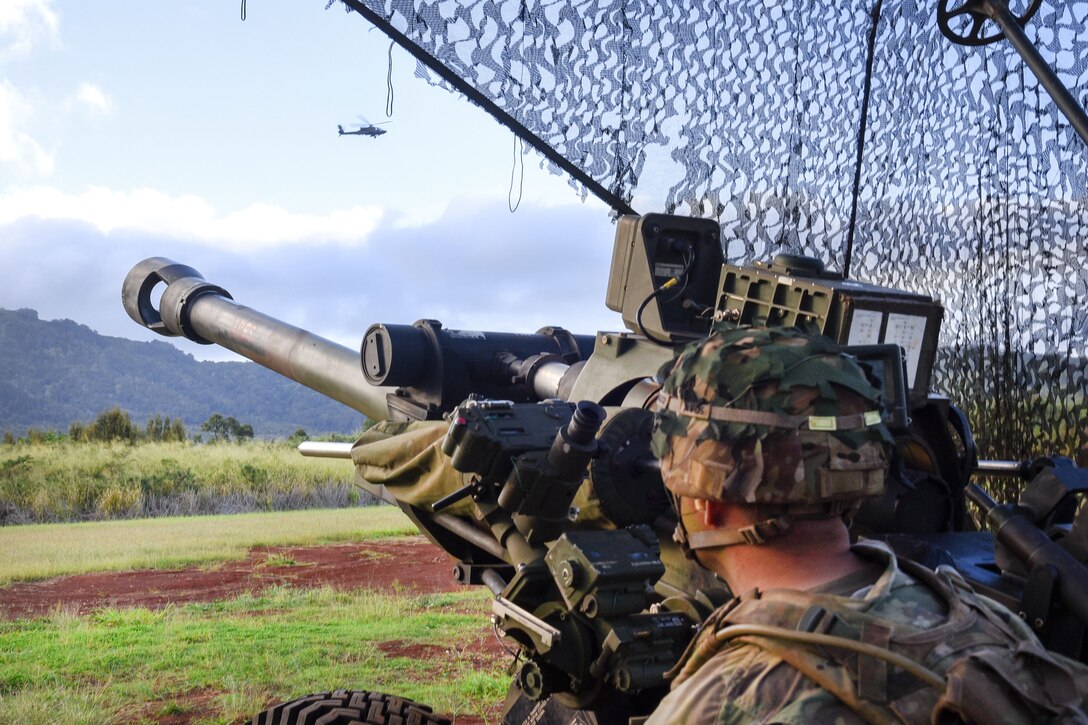 A soldier stands next to a howitzer gun.