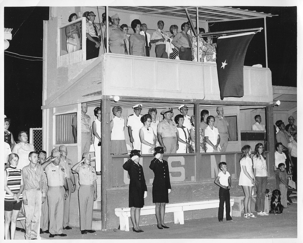 Evening parade on Marine Corps Supply Center Barstow 28 July 1971 where Mrs. Sorensen was present. Field was renamed  in September 1953 after Capt. Mainard A. Sorensen, who was killed in action during the Korean War.