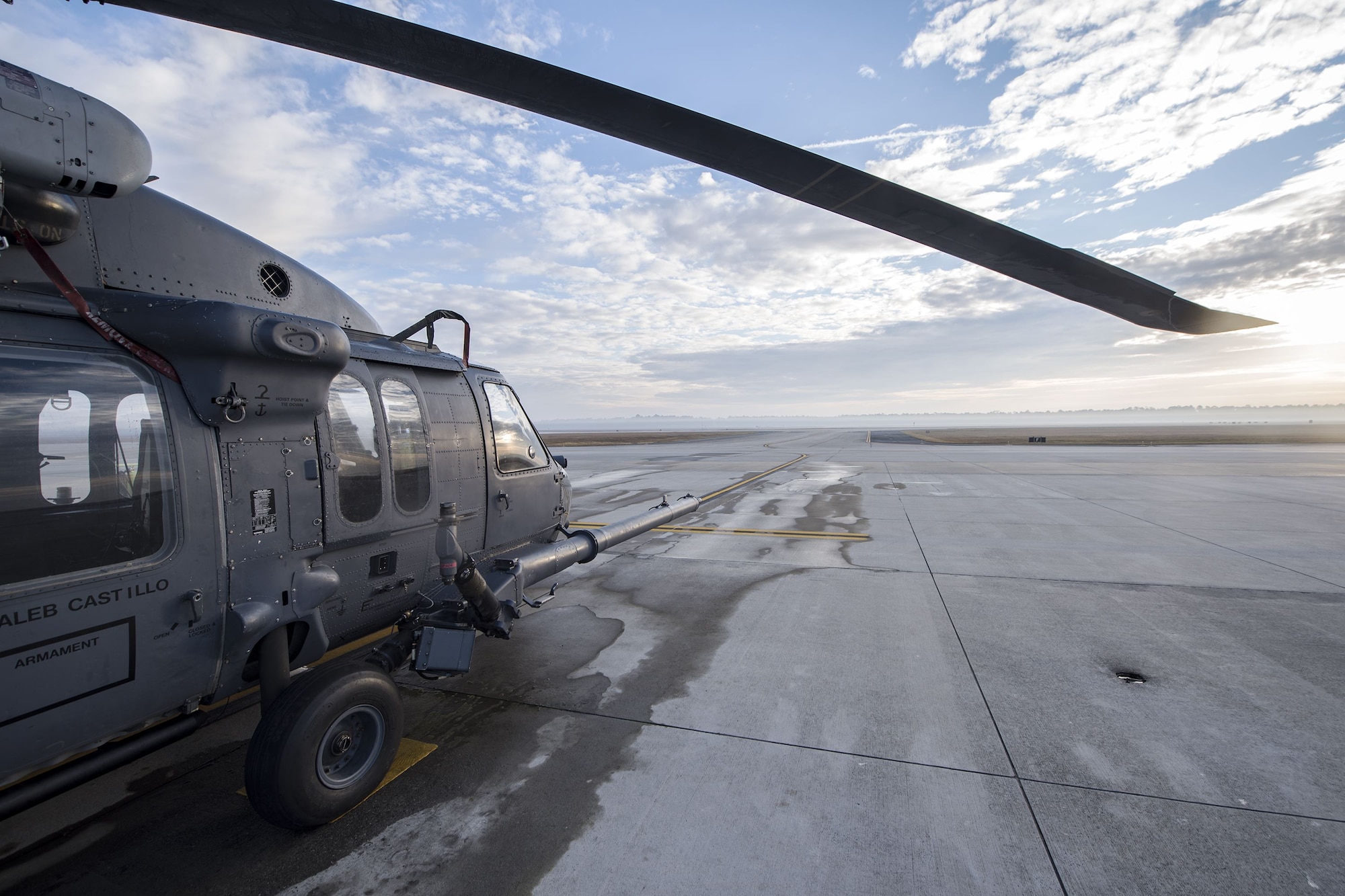 An HH-60G Pave Hawk rests on the flight line, Dec. 15, 2017, at Moody Air Force Base, Ga. Members from the 723d Aircraft Maintenance Squadron (AMXS) and 23d Civil Engineer Squadron (CES) participated in a training day to help improve their readiness and get extra practice at their crafts. The AMXS performed maintenance on helicopters and the CES conducted rescue operations by extinguishing a mock fire within an HH-60G Pave Hawk and extracting injured victims. (U.S. Air Force photo by Airman Eugene Oliver)