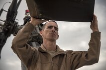 Staff Sgt. Dustin Stephens, 723d Aircraft maintenance squadron (AMXS) crew chief, grabs the main rotor of an HH-60G Pave Hawk, Dec. 15, 2017, at Moody Air Force Base, Ga. Members from the 723d Aircraft Maintenance Squadron (AMXS) and 23d Civil Engineer Squadron (CES) participated in a training day to help improve their readiness and get extra practice at their crafts. The AMXS performed maintenance on helicopters and the CES conducted rescue operations by extinguishing a mock fire within an HH-60G Pave Hawk and extracting injured victims. (U.S. Air Force photo by Airman Eugene Oliver)