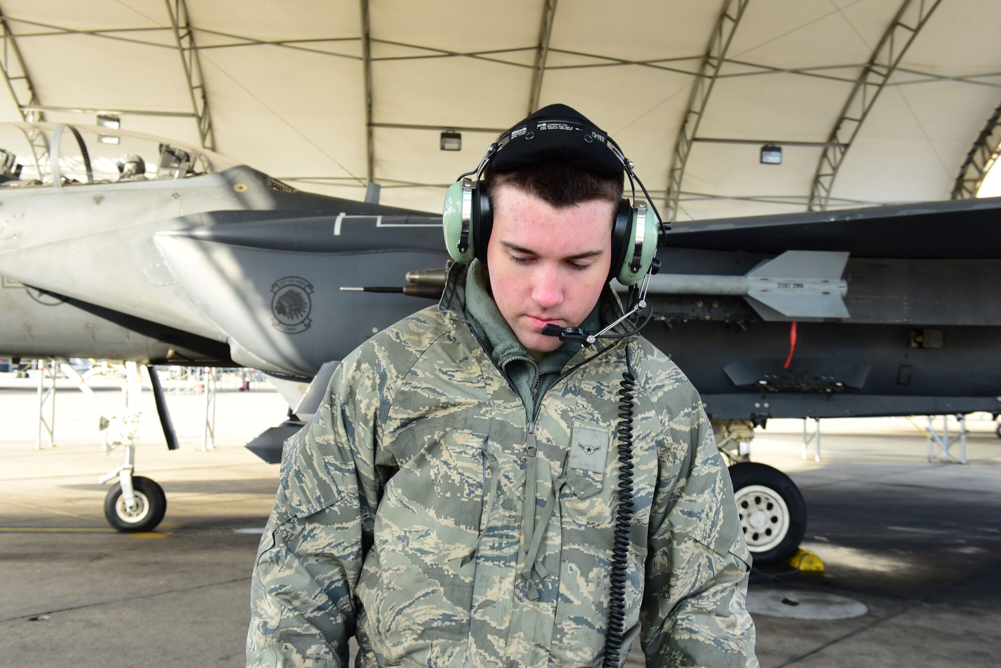 Airman Owen Gaylord, 4th Aircraft Maintenance Squadron crew chief, conducts a pre-flight inspection during exercise Razor Talon Dec. 15, 2017, at Seymour Johnson Air Force Base.