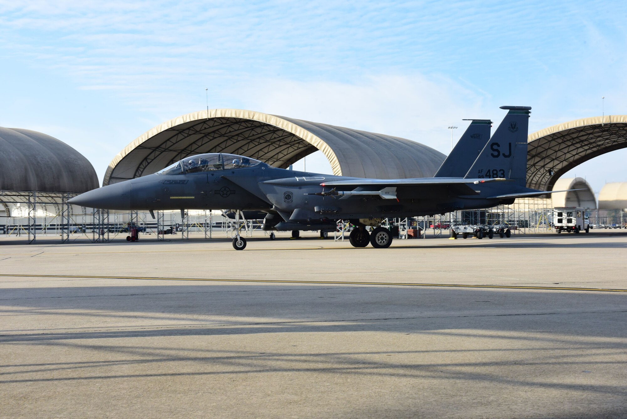 An F-15E Strike Eagle taxis during exercise Razor Talon Dec. 15, 2017, at Seymour Johnson Air Force Base, North Carolina.