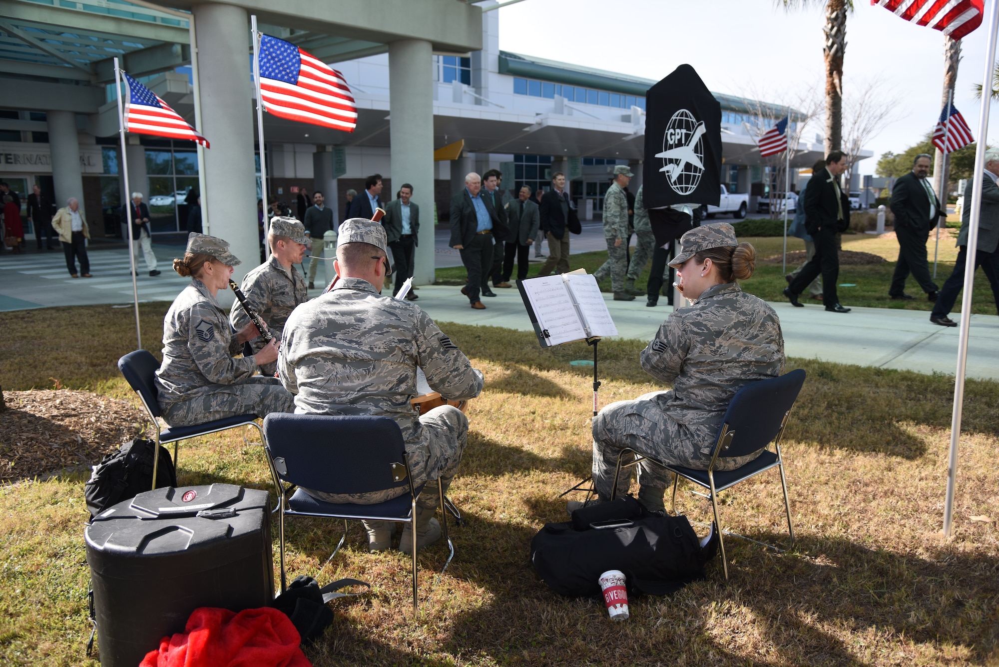 The U.S. Air Force Band of the West, Nightwatch, performs during the Gulfport-Biloxi International Airport 75 Year Commemoration Dec. 13, in Gulfport, Mississippi. During the two-day visit to Keesler the band performed for Airmen and local residents throughout various locations at Keesler and the nearby area. Their mission is to honor military heritage through music, connect with the American public and inspire patriotism and excellence. (U.S. Air Force photo by Kemberly Groue)