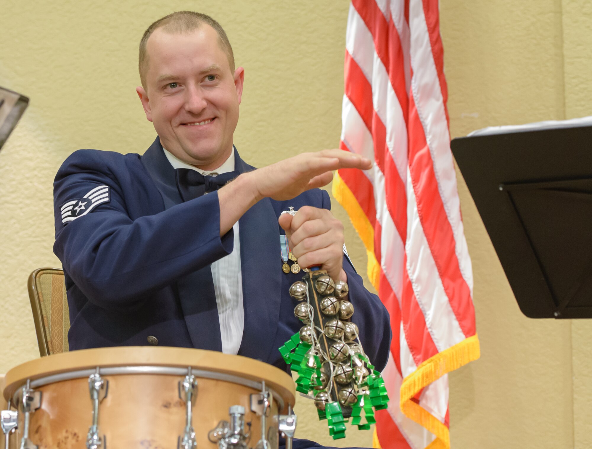 Staff Sgt. BJ Richard, The U.S. Air Force Band of the West, Nightwatch percussionist, performs with The U.S. Air Force Band of the West, Nightwatch,  during the Airman Leadership School graduation at the Bay Breeze Event Center Dec. 13, 2017, on Keesler Air Force Base, Mississippi. During the two-day visit to Keesler the band performed for Airmen and local residents throughout various locations at Keesler and the nearby area. Their mission is to honor military heritage through music, connect with the American public and inspire patriotism and excellence. (U.S. Air Force photo by André Askew)