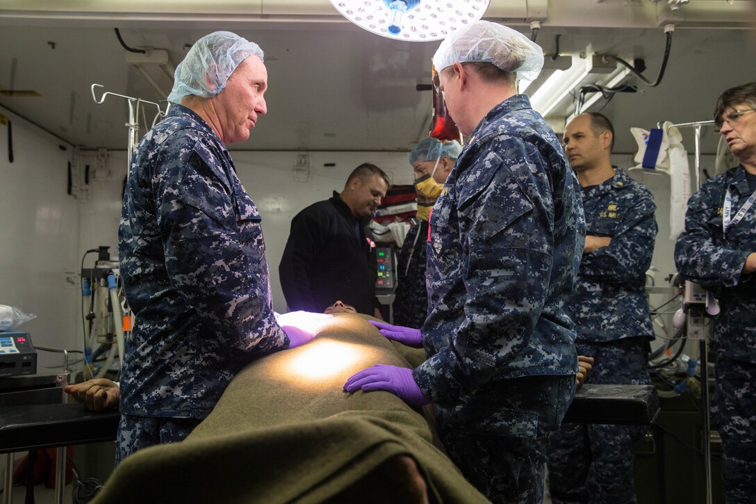 Naval medical personnel, both active duty and reservists from various bases, participated in Expeditionary Medical Facility Training aboard Camp Pendleton, Calif., Dec. 11-15, 2017.  The training facility, constructed of tents, included a 50-bed field hospital with an intensive care unit, operation room capabilities and ambulatory care.  Participants ran through scenarios and practiced treated "casualties" in a simulated combat environment.  (U. S. Marine Corps photo by Lance Cpl. Haley McMenamin)