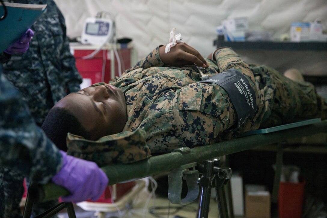 Naval medical personnel, both active duty and reservists from various bases, participated in Expeditionary Medical Facility Training aboard Camp Pendleton, Calif., Dec. 11-15, 2017.  The training facility, constructed of tents, included a 50-bed field hospital with an intensive care unit, operation room capabilities and ambulatory care.  Participants ran through scenarios and practiced treated "casualties" in a simulated combat environment.  (U. S. Marine Corps photo by Lance Cpl. Haley McMenamin)