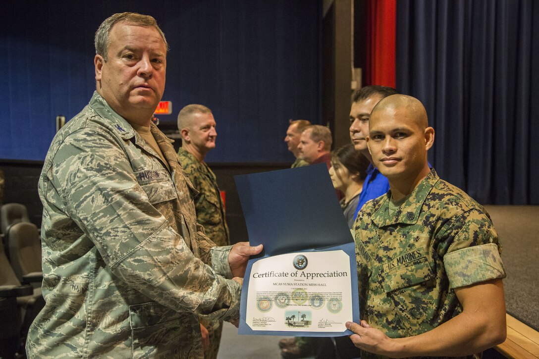 Personnel assigned to Marine Corps Air Station Yuma, Ariz., received certificate of appreciation awards commending the support they provide to the Joint Task Force – North units that come to the station on a rotational basis in support of United States Customs and Border Protection. MCAS Yuma and its assets have saved the U. S. Government approximately 1.6 million dollars in expenses by offering housing and life support for the seven rotations of units who came in support of U.S. Border Patrol. (U.S. Marine Corps photos taken by Cpl. George Melendez)