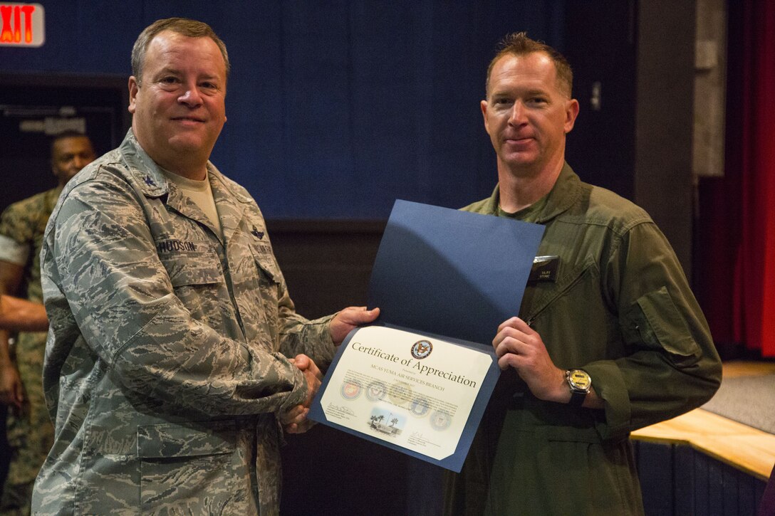 Personnel assigned to Marine Corps Air Station Yuma, Ariz., received certificate of appreciation awards commending the support they provide to the Joint Task Force – North units that come to the station on a rotational basis in support of United States Customs and Border Protection. MCAS Yuma and its assets have saved the U. S. Government approximately 1.6 million dollars in expenses by offering housing and life support for the seven rotations of units who came in support of U.S. Border Patrol. (U.S. Marine Corps photos taken by Cpl. George Melendez)