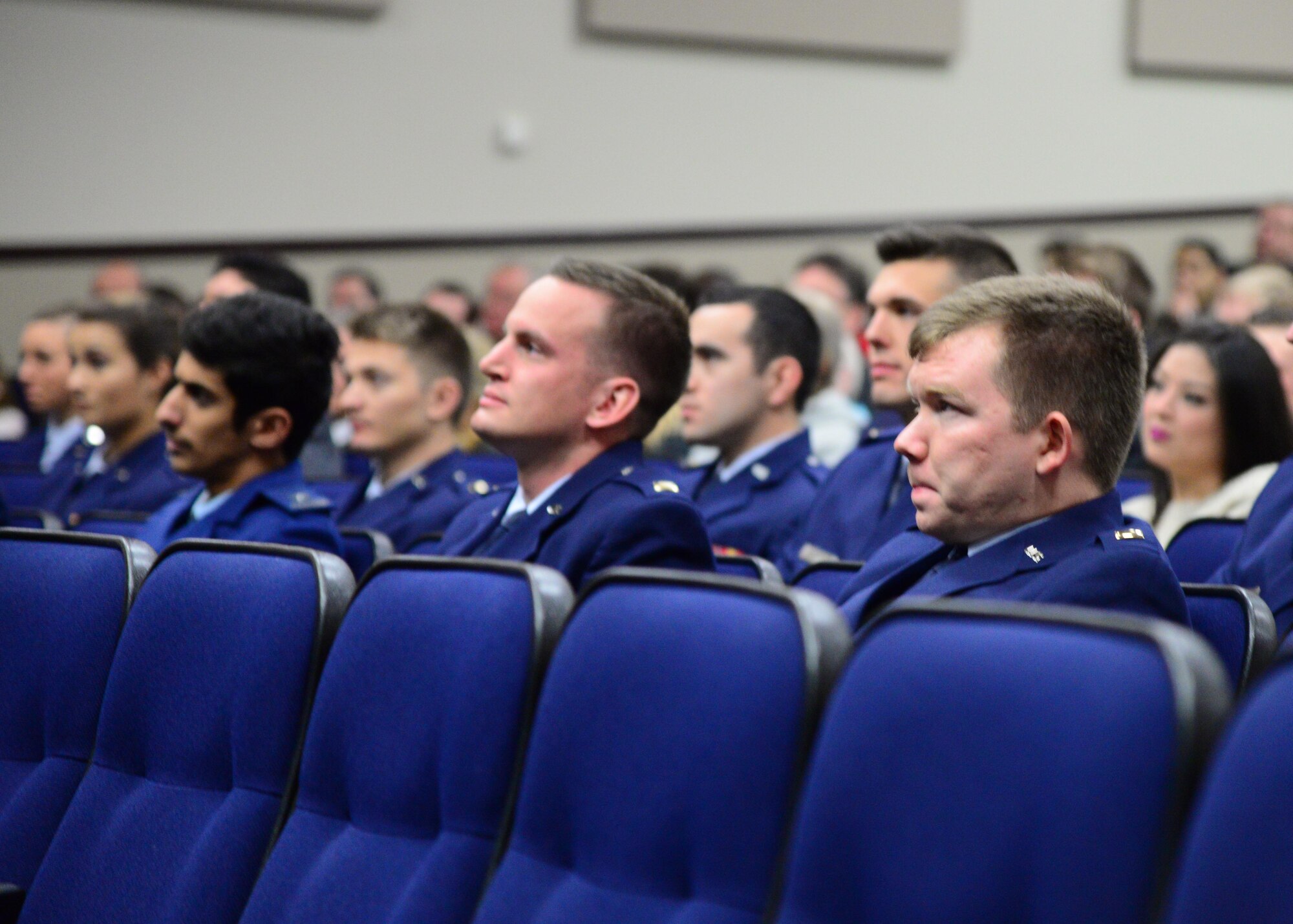 Students of Specialized Undergraduate Pilot Training Class 18-03 listen to Lt. Gen. Richard Clark, 3rd Air Force Commander from Ramstein Air Base, Germany, speak at their graduation ceremony Dec. 15, 2017, at Columbus Air Force Base, Mississippi. Students of 18-03 are now Air Force pilots and will set off on their next assignment. (U.S. Air Force photo by Airman 1st Class Beaux Hebert)