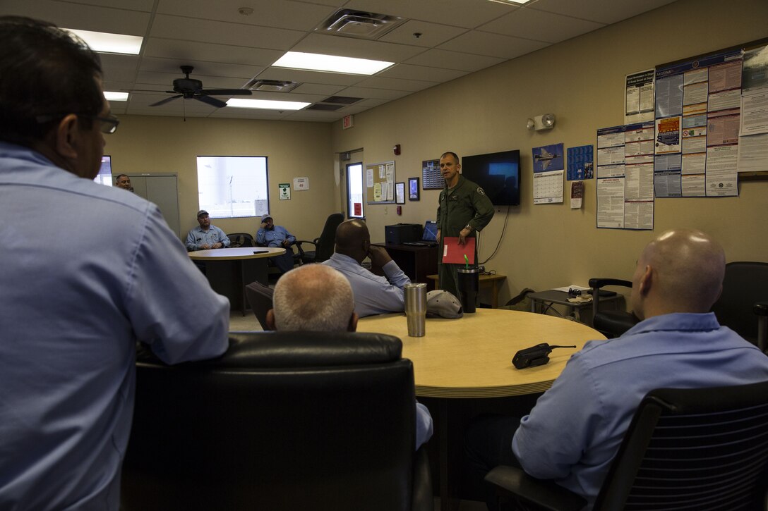 U.S. Marine Corps Col. James B. Wellons, the commanding officer of Marine Aviation Weapons and Tactics Squadron (MAWTS) One speaks to the Fuel Branch personnel at the Fuel Brance office on Marine Corps Air Station Yuma, Ariz., Oct. 26, 2017. The Fuel Branch supported MAWTS-1 in their efforts to provide standardized advanced tactical training during Weapons and Tactics Instructor courses twice a year in addition to daily routines and supporting other squadrons visiting or on station. (U.S. Marine Corps photo taken by Cpl. Christian Cachola)