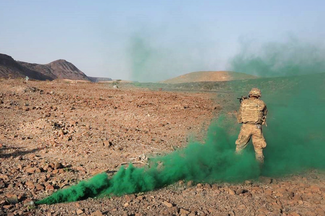 A soldier stands in colored smoke.