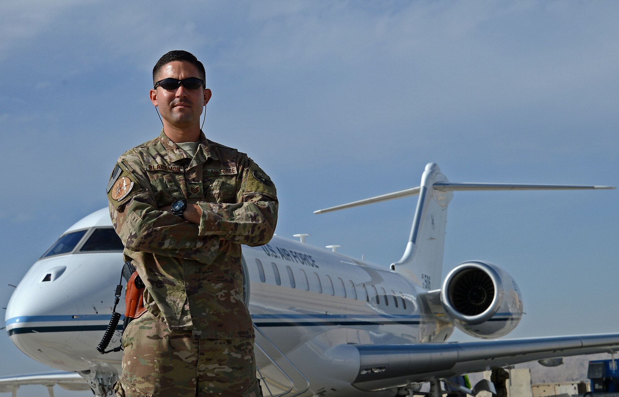 Tech. Sgt. Andrew Blackmon, 430th Expeditionary Electronic Combat Squadron aircrew flight equipment technician, poses for a photo Nov. 28, 2017 at Kandahar Airfield, Afghanistan.