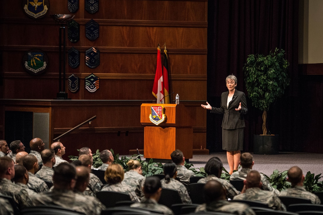 Secretary of the Air Force Heather Wilson is welcomed by Civil Air Patrol cadets at CAP National Headquarter on Maxwell Air Force Base, Alabama, Dec. 12, 2017. The Secretary was at Maxwell Dec. 11-13, 2017, to visit with Airmen and Air University students. (Courtesy photo)