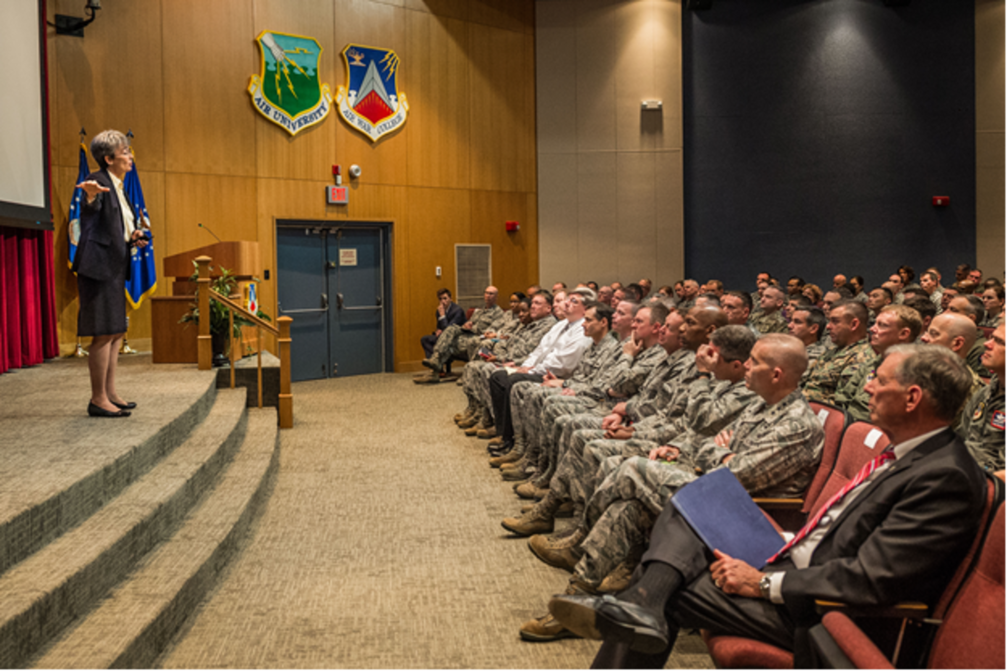 Secretary of the Air Force Heather Wilson is welcomed by Civil Air Patrol cadets at CAP National Headquarter on Maxwell Air Force Base, Alabama, Dec. 12, 2017. The Secretary was at Maxwell Dec. 11-13, 2017, to visit with Airmen and Air University students. (Courtesy photo)