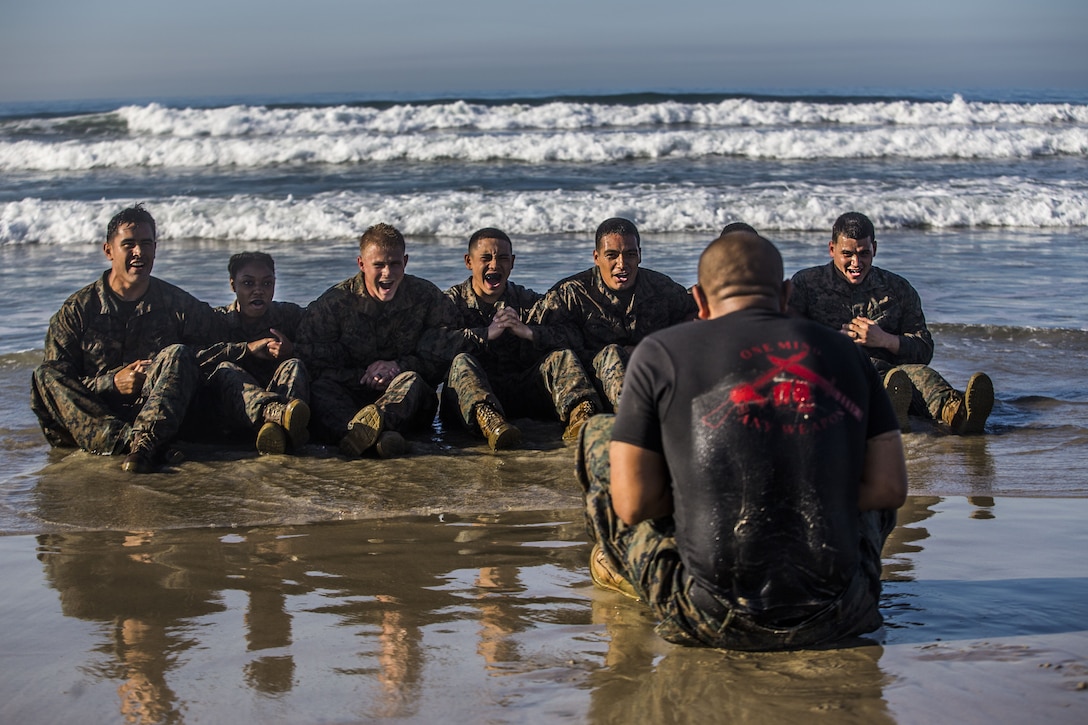 U.S. Marines with Headquarters Regiment, 1st Marine Logistics Group, exercise in shallow water during a field exercise at Camp Pendleton, Calif., Dec. 14, 2017. The Marines were participating in a Martial Arts Instructors course to earn their instructor tabs, allowing them to teach MCMAP to other Marines in the future.
