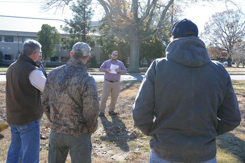 Aaron Souto, 20th Civil Engineer Squadron forester, speaks about the history of Arbor Day at Shaw Air Force Base, S.C., Dec. 13, 2017.