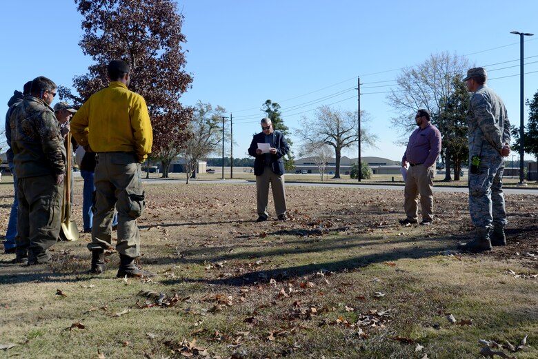 Everett Sharpe, South Carolina Forestry Commission urban forester, speaks about the history of the Tree City USA community at Shaw Air Force Base, S.C., Dec. 13, 2017.