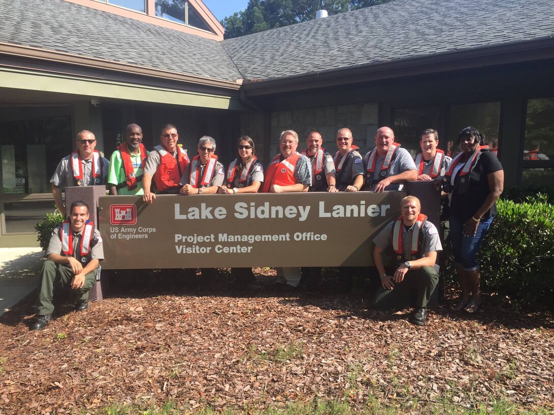 Lake Sidney Lanier park rangers pose for a photo earlier this year on National Life Jacket Day to raise awareness of the importance of wearing a life preserver. Promoting life jacket awareness was just one of many community outreach activities that helped Lake Lanier take home first place in the U.S. Army Corps of Engineers, South Atlantic Division’s annual Water Safety and Education Awards.