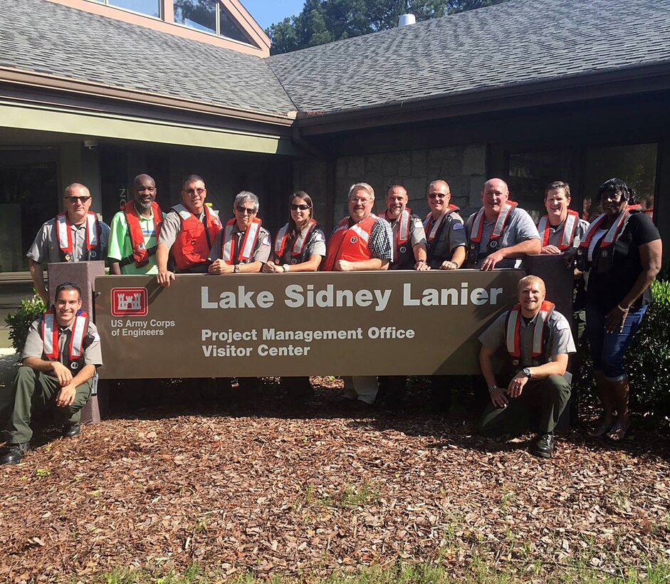 Lake Sidney Lanier park rangers pose for a photo earlier this year on National Life Jacket Day to raise awareness of the importance of wearing a life preserver. Promoting life jacket awareness was just one of many community outreach activities that helped Lake Lanier take home first place in the U.S. Army Corps of Engineers, South Atlantic Division’s annual Water Safety and Education Awards.