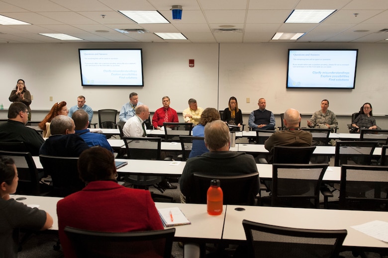 Speakers from throughout NASIC answer questions during a workplace accommodations forum Nov. 28, 2017, in the National Air and Space Intelligence Center at Wright-Patterson Air Force Base, Ohio. The forum provided a venue for NASIC employees to learn about reasonable accommodations for coworkers with disabilities. (U.S. Air Force photo by Senior Airman Michael Hunsaker/Released)