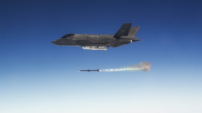 An Edwards AFB F-35A Lightning II fires an AIM-120 Advanced Medium-Range Air-to-Air Missile as part of weapons delivery accuracy testing. The 461st Flight Test Squadron and F-35 Integrated Test Force completed WDA testing in early December, which concludes a large and important part of F-35 developmental test and evaluation. (Courtesy photo by Chad Bellay/Lockheed Martin)
