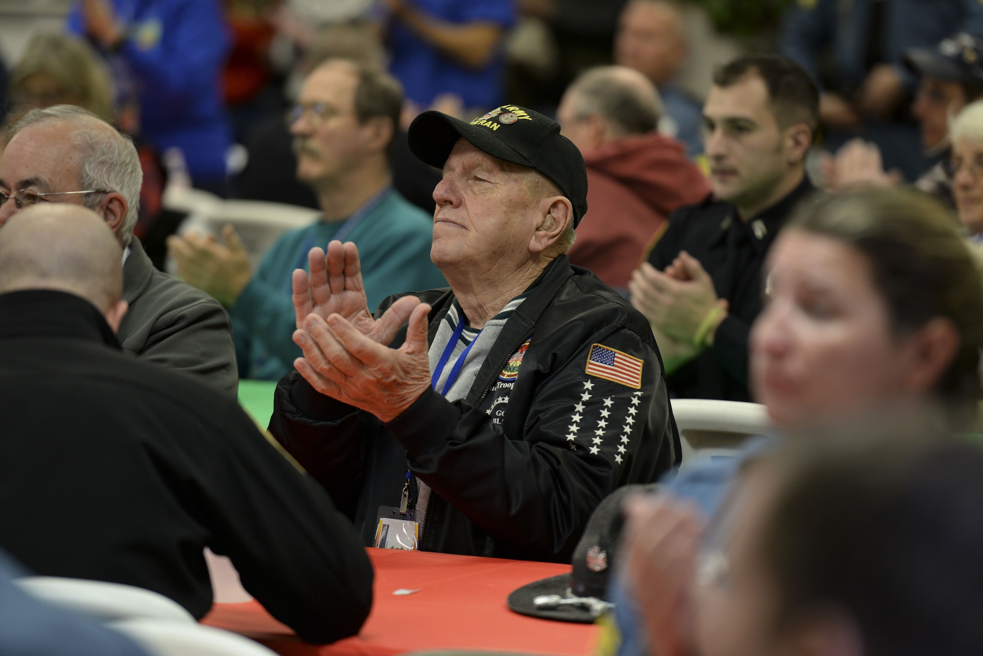 Local veterans, gold star families, community members, law enforcement officers and first responders attend the Wreaths Across America Stop Ceremony Dec. 14, 2017, at the Camden-Wyoming Fire Company in Camden-Wyoming, Del. The event honored gold star families, veterans and influential community members who work diligently to improve veterans’ issues. (U.S. Air Force photo by Staff Sgt. Aaron J. Jenne)