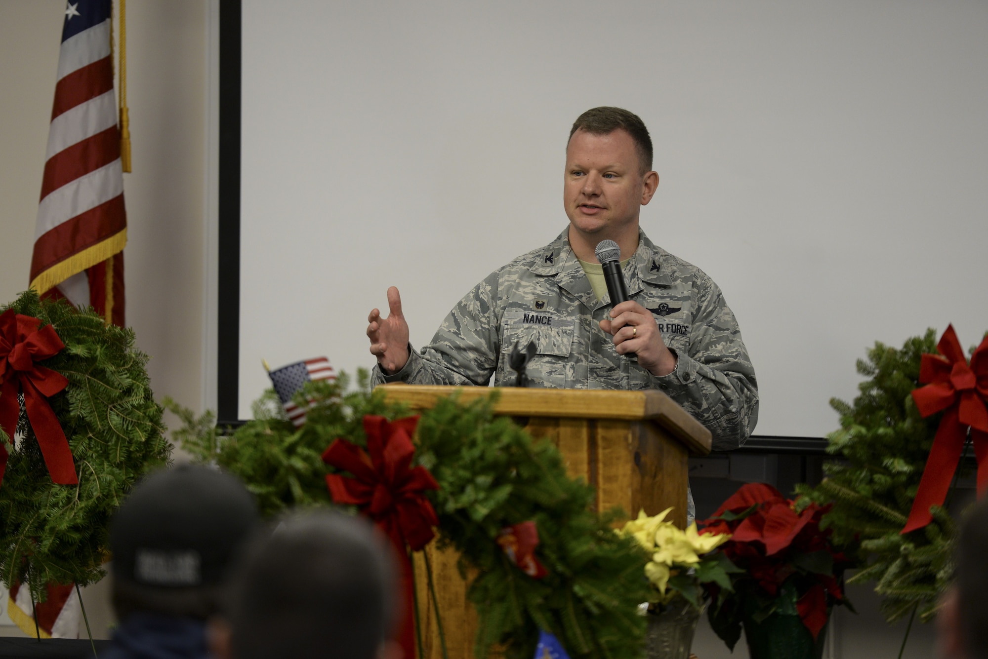 Col. Robert Nance, 436th Operations Group commander, speaks about the importance of honoring our service members and veterans during the Wreaths Across America Stop Ceremony Dec. 14, 2017, at the Camden-Wyoming Fire Company in Camden-Wyoming, Del. Nance urged community members never to forget the families of those left behind, and to continue supporting our service members and veterans. (U.S. Air Force photo by Staff Sgt. Aaron J. Jenne)