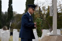 U.S. Air Force Col. Ricky Mills, 17th Training Wing commander, lays a symbolic wreath representing all those who have served in the Air Force at the Wreaths Across America ceremony, at Belvedere Memorial Park, San Angelo, Texas, Dec. 16, 2017. Mills was one of several commanders and active duty members to lay a wreath to represent their branch of service and honor all who have served. (U.S. Air Force photo by Airman 1st Class Seraiah Hines/Released)