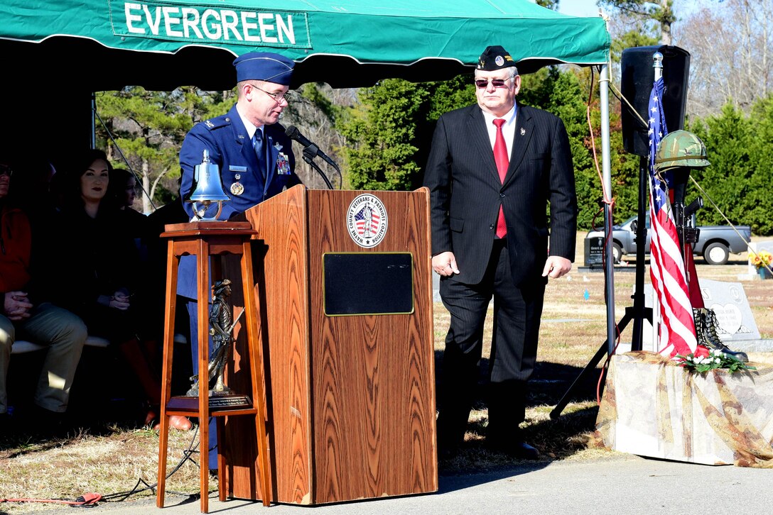 Col. Brian Armstrong, 4th Fighter Wing vice commander, addresses event attendees during the Wayne County Wreaths Across America ceremony Dec. 16, 2017, at Evergreen Memorial Cemetery in Princeton, North Carolina.
