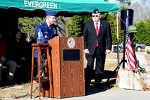 Col. Brian Armstrong, 4th Fighter Wing vice commander, addresses event attendees during the Wayne County Wreaths Across America ceremony Dec. 16, 2017, at Evergreen Memorial Cemetery in Princeton, North Carolina.
