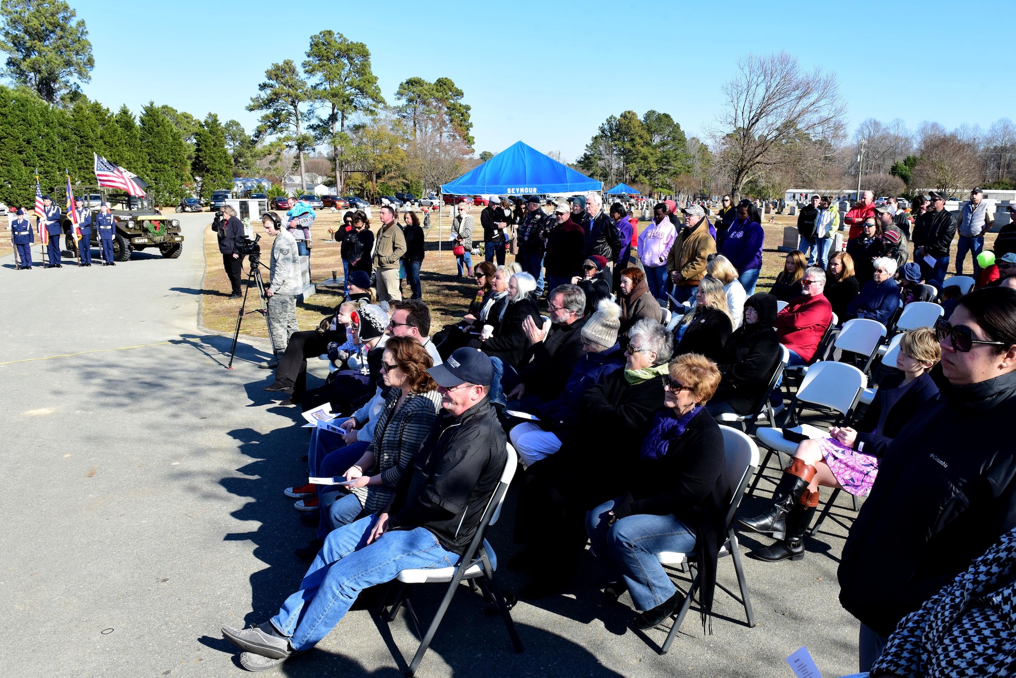 Members of the community attend the Wayne County Wreaths Across America ceremony honor fallen service members Dec. 16, 2017, at Evergreen Memorial Cemetery in Princeton, North Carolina.