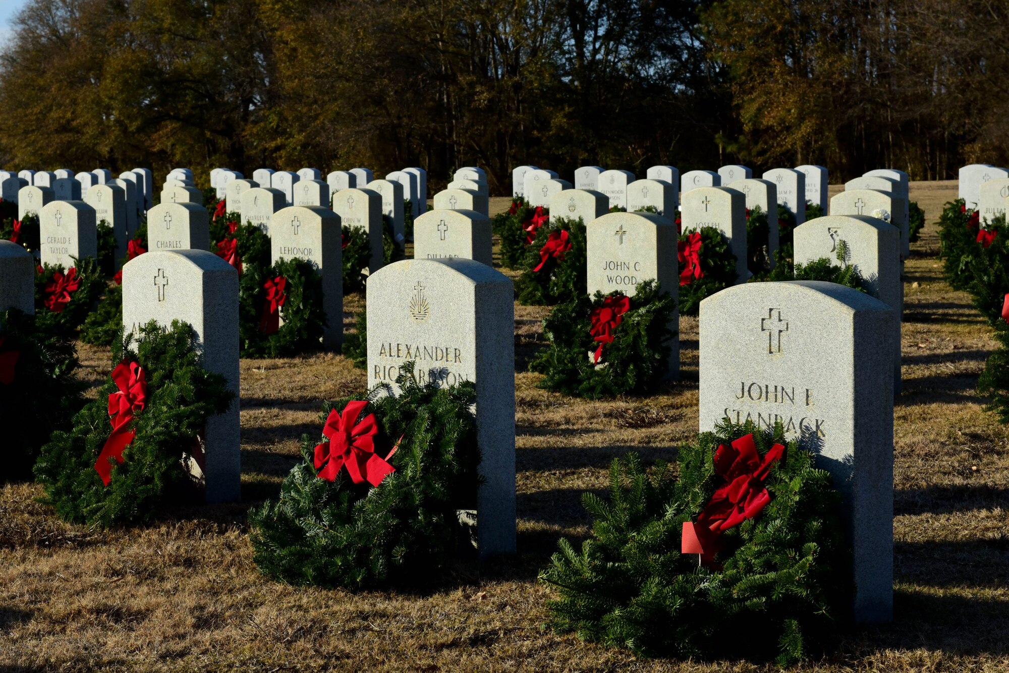 Wreaths are set out on the graves of fallen service members as part of the Wayne County Wreaths Across America wreath-laying ceremony Dec. 16, 2017, at the Eastern Carolina State Veterans Cemetery in Goldsboro, North Carolina.