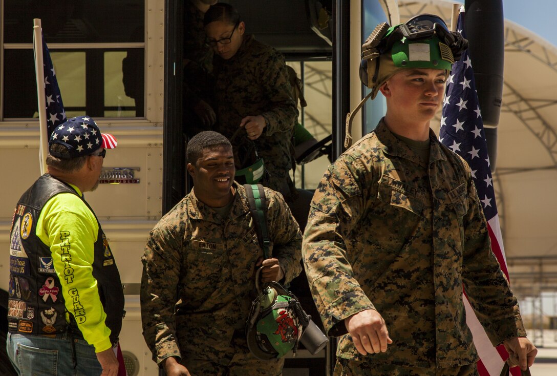 U.S. Marines assigned to Marine Attack Squadron (VMA) 311 return to Marine Corps Air Station Yuma, Ariz., after their deployment with the 11th Marine Expeditionary Unit Thursday, May 11, 2017. The 11th MEU embarked mid-October 2016 aboard the Makin Island Amphibious Ready Group, trained alongside armed forces from foreign nations, and supported operations throughout the Western Pacific, Middle East, and Horn of Africa.