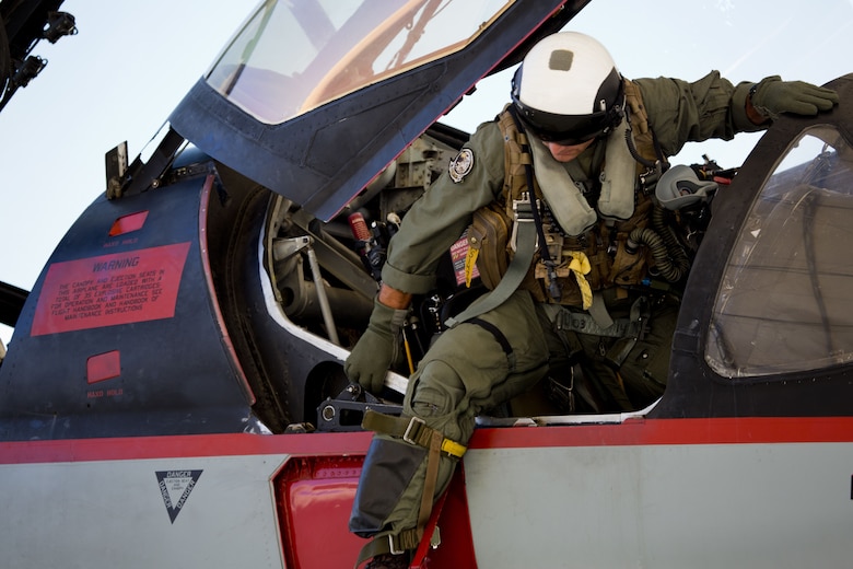 U.S. Marine Corps Col. David A. Suggs, the commanding officer of Marine Corps Air Station Yuma, Ariz., was invited to fly in one of two EA-6B Prowler aircraft attached to Marine Tactical Electronic Warfare Squadron (VMAQ) 2, Oct. 16, 2017. This is the first time Col. Suggs has flown the Prowler after Many Years. (U.S. Marine Corps photo by Cpl. Ernest D. Grant)