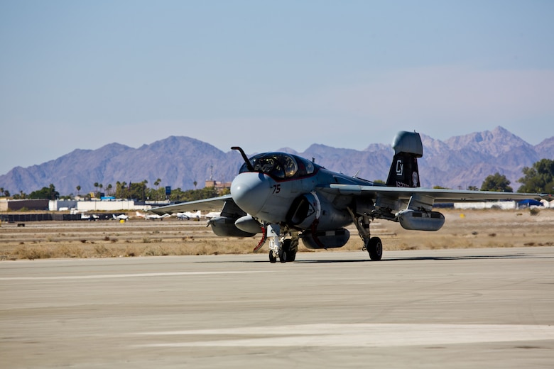 U.S. Marine Corps Col. David A. Suggs, the commanding officer of Marine Corps Air Station Yuma, Ariz., was invited to fly in one of two EA-6B Prowler aircraft attached to Marine Tactical Electronic Warfare Squadron (VMAQ) 2, Oct. 16, 2017. This is the first time Col. Suggs has flown the Prowler after Many Years. (U.S. Marine Corps photo by Cpl. Ernest D. Grant)