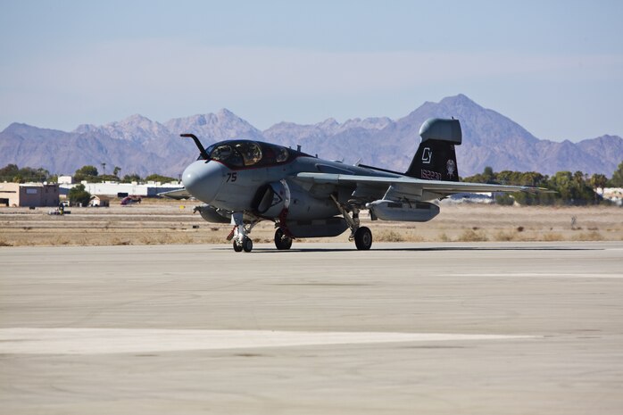 U.S. Marine Corps Col. David A. Suggs, the commanding officer of Marine Corps Air Station Yuma, Ariz., was invited to fly in one of two EA-6B Prowler aircraft attached to Marine Tactical Electronic Warfare Squadron (VMAQ) 2, Oct. 16, 2017. This is the first time Col. Suggs has flown the Prowler after Many Years. (U.S. Marine Corps photo by Cpl. Ernest D. Grant)