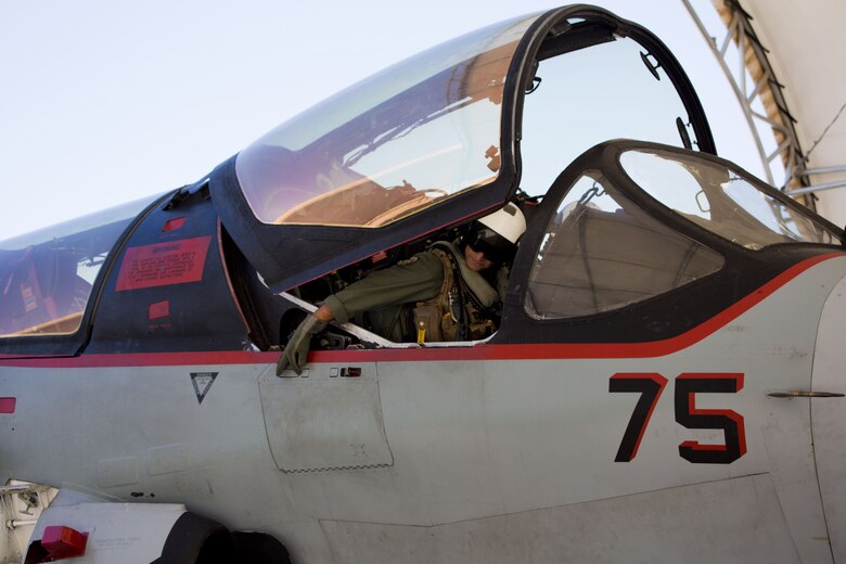 U.S. Marine Corps Col. David A. Suggs, the commanding officer of Marine Corps Air Station Yuma, Ariz., was invited to fly in one of two EA-6B Prowler aircraft attached to Marine Tactical Electronic Warfare Squadron (VMAQ) 2, Oct. 16, 2017. This is the first time Col. Suggs has flown the Prowler after Many Years. (U.S. Marine Corps photo by Cpl. Ernest D. Grant)