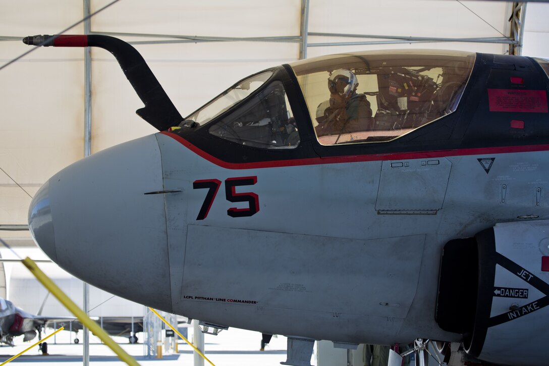 U.S. Marine Corps Col. David A. Suggs, the commanding officer of Marine Corps Air Station Yuma, Ariz., was invited to fly in one of two EA-6B Prowler aircraft attached to Marine Tactical Electronic Warfare Squadron (VMAQ) 2, Oct. 16, 2017. This is the first time Col. Suggs has flown the Prowler after Many Years. (U.S. Marine Corps photo by Cpl. Ernest D. Grant)