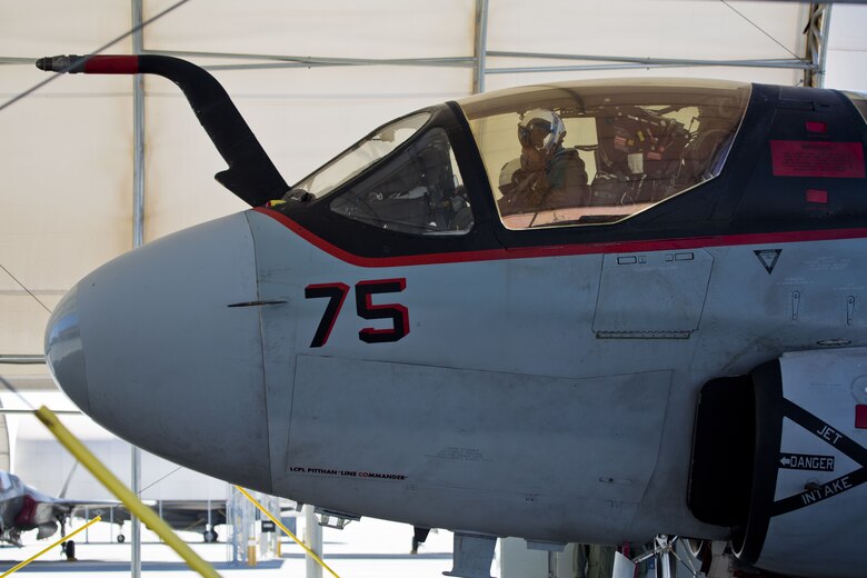 U.S. Marine Corps Col. David A. Suggs, the commanding officer of Marine Corps Air Station Yuma, Ariz., was invited to fly in one of two EA-6B Prowler aircraft attached to Marine Tactical Electronic Warfare Squadron (VMAQ) 2, Oct. 16, 2017. This is the first time Col. Suggs has flown the Prowler after Many Years. (U.S. Marine Corps photo by Cpl. Ernest D. Grant)