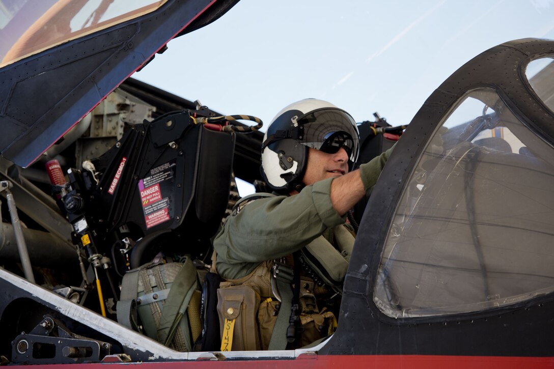 U.S. Marine Corps Col. David A. Suggs, the commanding officer of Marine Corps Air Station Yuma, Ariz., was invited to fly in one of two EA-6B Prowler aircraft attached to Marine Tactical Electronic Warfare Squadron (VMAQ) 2, Oct. 16, 2017. This is the first time Col. Suggs has flown the Prowler after Many Years. (U.S. Marine Corps photo by Cpl. Ernest D. Grant)