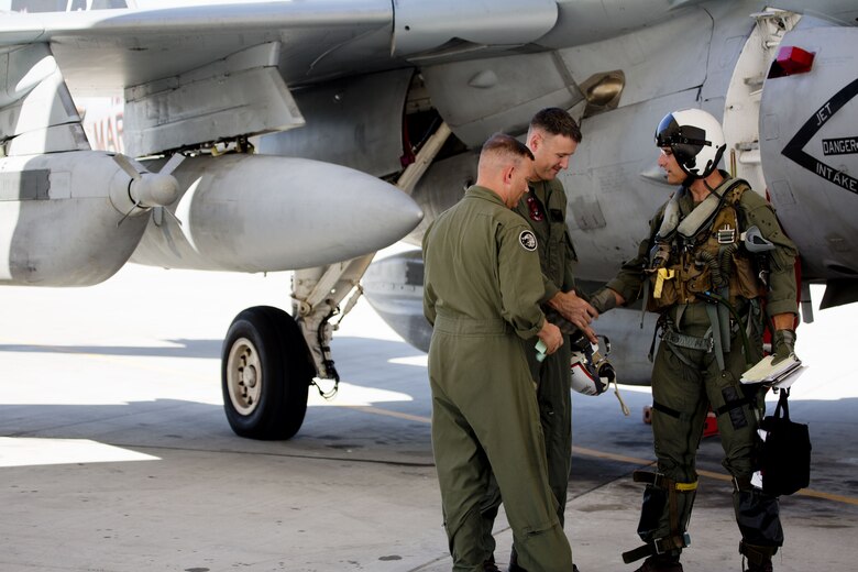 U.S. Marine Corps Col. David A. Suggs, the commanding officer of Marine Corps Air Station Yuma, Ariz., was invited to fly in one of two EA-6B Prowler aircraft attached to Marine Tactical Electronic Warfare Squadron (VMAQ) 2, Oct. 16, 2017. This is the first time Col. Suggs has flown the Prowler after Many Years. (U.S. Marine Corps photo by Cpl. Ernest D. Grant)