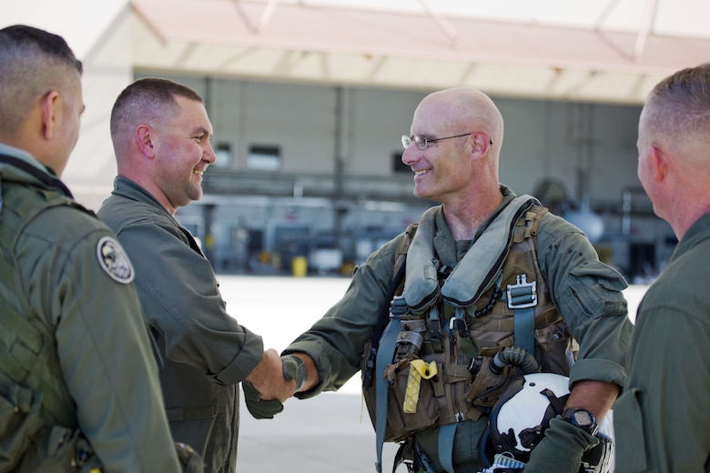 U.S. Marine Corps Col. David A. Suggs, the commanding officer of Marine Corps Air Station Yuma, Ariz., was invited to fly in one of two EA-6B Prowler aircraft attached to Marine Tactical Electronic Warfare Squadron (VMAQ) 2, Oct. 16, 2017. This is the first time Col. Suggs has flown the Prowler after Many Years. (U.S. Marine Corps photo by Cpl. Ernest D. Grant)